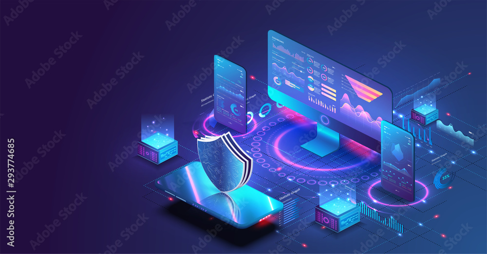 Leinwandbilder application of pc and smartphone with business graph and analytics data. isometric vector illustrati
