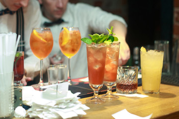 Few cocktails on bar in restaurant