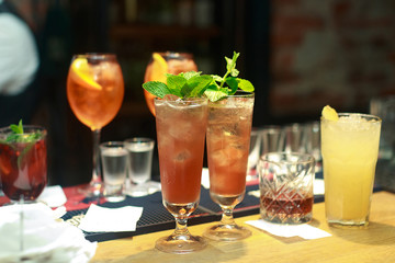 Few cocktails on bar in restaurant
