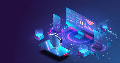 Application of pc and smartphone with business graph and analytics data. Isometric vector illustration of digital protection mechanism, system privacy. Data secure. Digital money market, investment