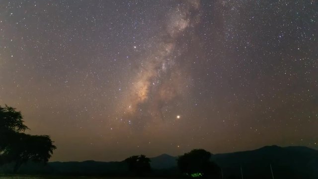 Timelape of the milkyway galaxy over the mountain with star light at Tark province , Thailand.