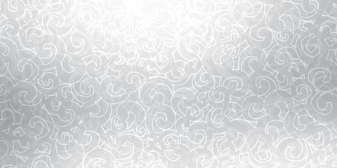 Twirls shiny silver textured banner. Light empty ornamental background. White grey flare subtle illustration. Clear curls pattern.