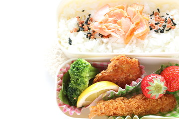 Japanese bento packs lunch, salmon and rice with cutlet