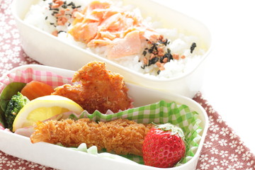 Japanese bento packs lunch, salmon and rice with cutlet