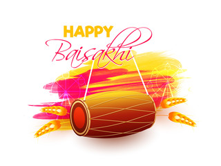 Baisakhi poster or banner of Happy Baisakhi on splash of floral background with dhol and wheat.