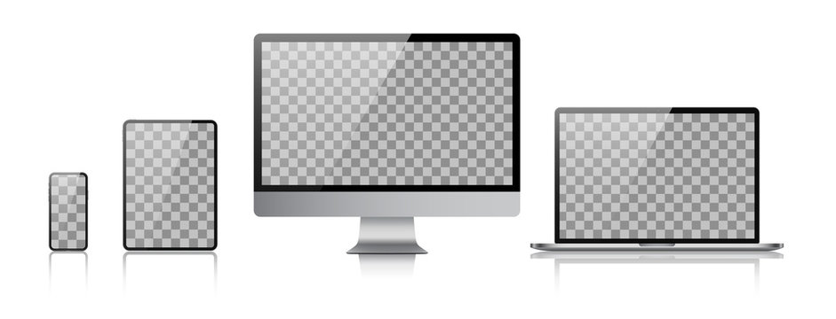 Set of computer, laptop, tablet and phone in realistic vector style.