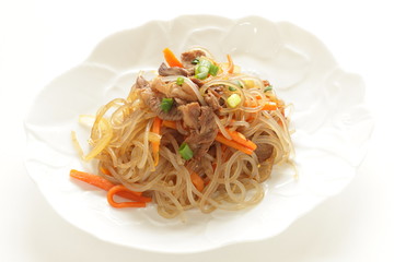 Korean food, glass noodles and beef stir fried vegetable Japchae