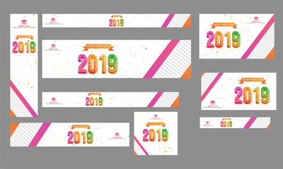 Set of advertisement poster, banner and template design with 3d text 2019 on abstract white background for New Year celebration.