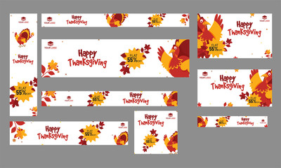 Website banner or poster set with 55% discount offer for Happy Thanksgiving celebration.