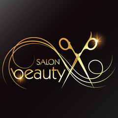 Scissors and a golden curl of hair for a beauty salon and hairdresser unique design - obrazy, fototapety, plakaty