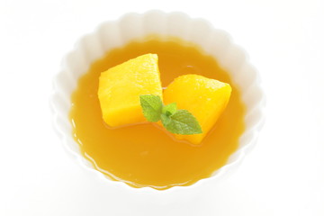 Gourmet dessert, tropical fruit  Mango and jelly