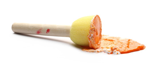 Color dabbing, stamp sponge with orange paint isolated on white background