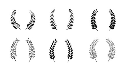 Collection of different black and white silhouette circular laurel foliate,  and olive wreaths depicting , achievement, heraldry, nobility. Vector illustration.