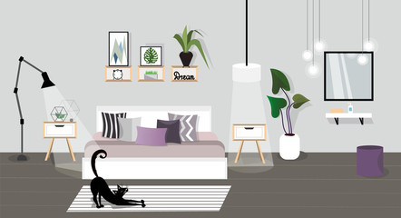 Vector illustration. Bedroom interior. Scandinavian and cozy style, design. Bed, lamp, pillows, plants, bedside tables, carpet, pictures, mirror, puff, beaty zone, cat. Trendy, fashion interior.