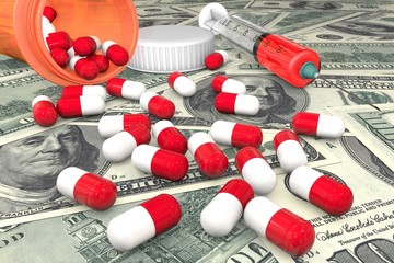 3d illustration: bright colored medical pills are scattered on us dollar banknotes from an orange transparent medicine bottle. Syringe with red solution. Pharmaceutical business and healthcare.