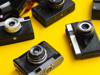 Close-up of multiple retro photo cameras