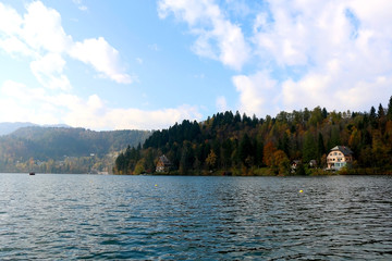 Fototapeta na wymiar Traditional architecture on Lake Bled in Slovenia, on sunny autumn day.