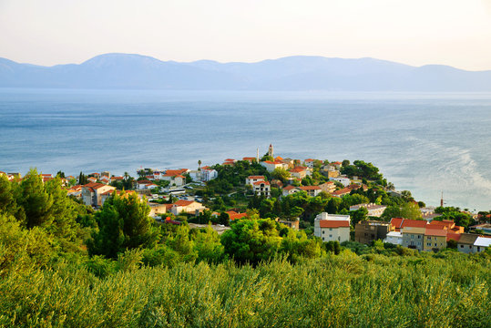 View of Gradac town located on the coast of Adriatic sea, Makarska riviera in southern Dalmatia, Croatia, Europe.