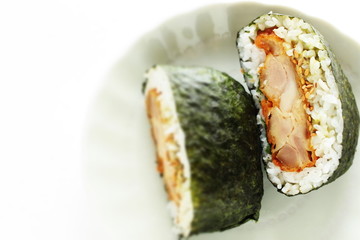 Japanese food, homemade fried chicken in rice ball with nori seaweed