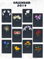 Yearly calendar design for 2019, decorated with flowers.