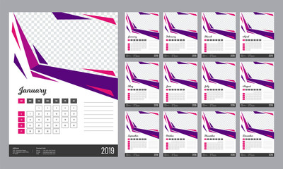 Set of 12 months, yearly calendar design for 2019 with space for your image.