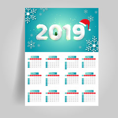 Wall calendar design with snow capped text 2019 on glossy background.