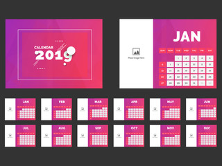 Set of 12 desk calendar for 2019 in shiny purple color with space for your image.