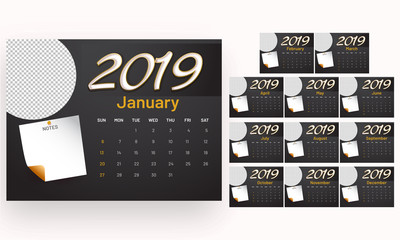 Complete set of 12 months, desk planner layout for 2019 with place for your image and important notes.