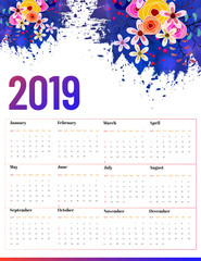 Set of 12 month, yearly wall calendar design decorated with colorful flowers.