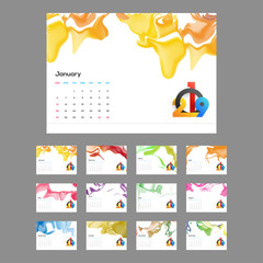 Set of 12 months, yearly calendar design with stylish text 2019 and abstract brush stroke.