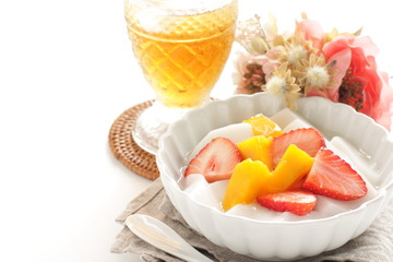 Chinese food,  mango almond tofu and strawberry