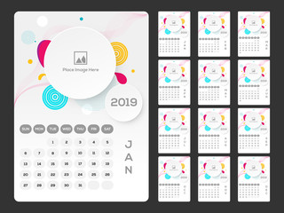 Fototapeta na wymiar 2019 planner set of 12 months, wall calendar design with place for your image.