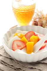 Chinese food,  mango almond tofu and strawberry