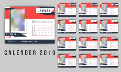 2019 calendar design, set of 12 months template style desk planner with space for your image.