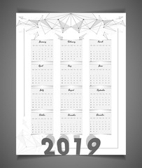 Creative wall calendar design for year 2019 with abstract geometric elements.