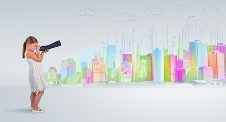 Cute little girl looking through spyglass to a big city
