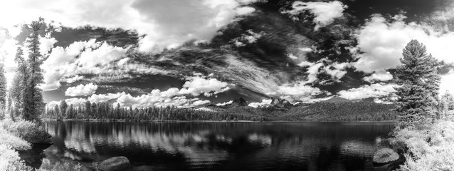Fototapeta premium infrared forest with clouds, sky and mountains