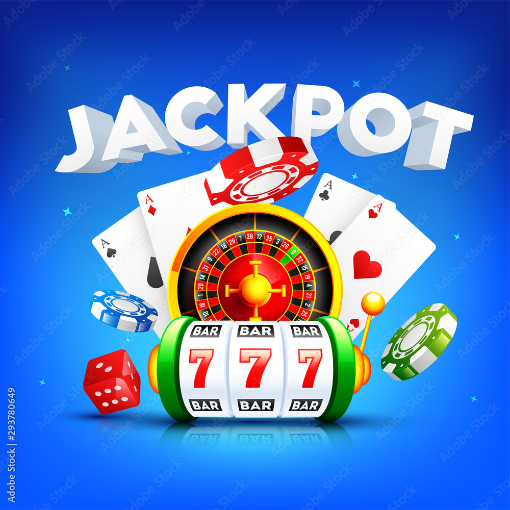 Canvas Prints 3d text jackpot with roulette wheel, slot machine, playing card and casino chip on blue background f