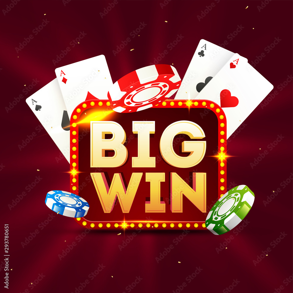 Poster glossy golden text big win text on marquee frame with realistic casino chips and playing cards on br