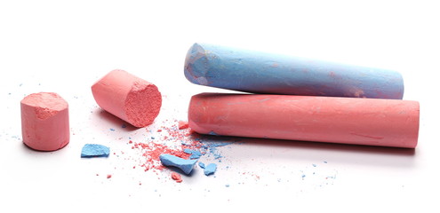 Red and blue chalk isolated on white background - obrazy, fototapety, plakaty