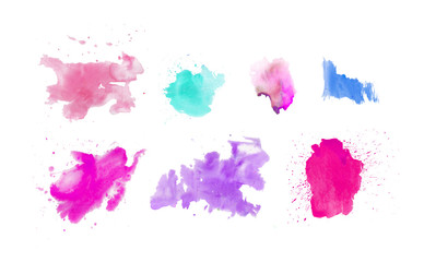 Set watercolor blots.Watercolor splashes and dots texture. Artistic hand drawn background.Blue,pink,yellow and red.