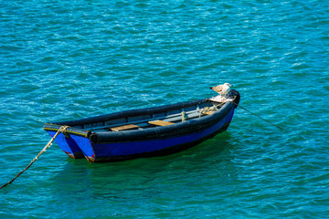 Fishing boat floating on peaceful sea at Cascais, Portugal