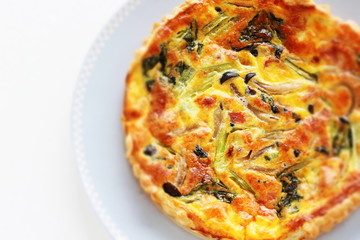 French food, homemade Japanese shimeji mushroom and bacon quiche