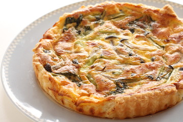 French food, homemade Japanese shimeji mushroom and bacon quiche
