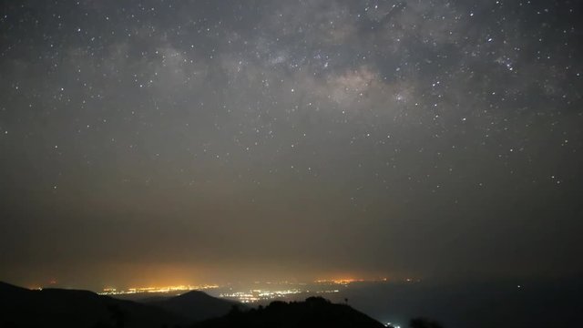 Timelape of the milkyway galaxy over the mountain with star light at Tark province , Thailand.