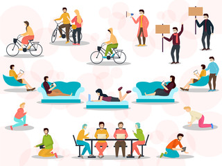 Group of people, male and female performing indoor and outdoor activities. Flat style people character set.