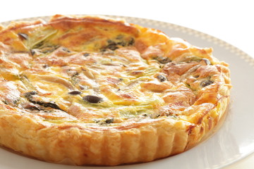 French food, homemade Japanese shimeji mushroom and bacon quiche