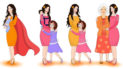 Set of mother and daughter character in different pose.
