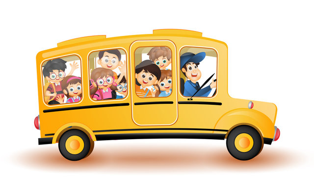 Back to school concept, illustration of school bus with cute kids character.