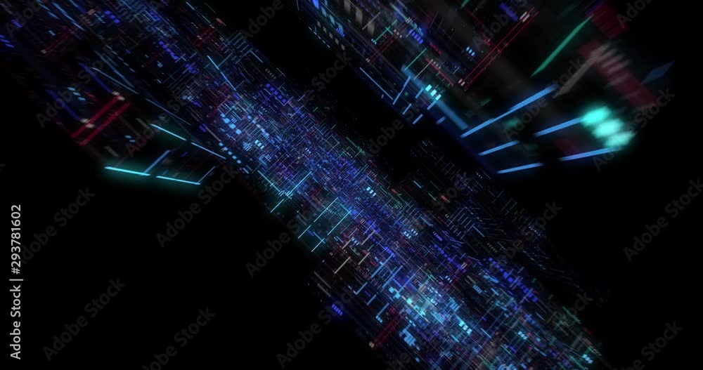 Poster seamless loop of abstract matrix hologram digital data flow. fly through time and space, warp throug